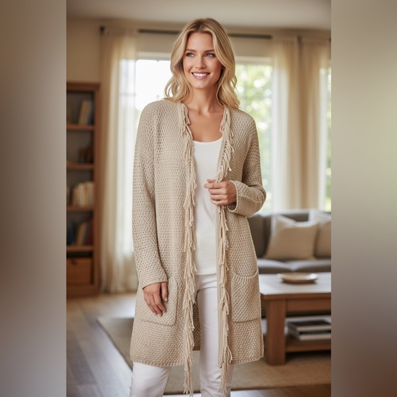 Chico’s Tan Ribbon Knit Fringe Longline Open Cardigan Size: L (Chico's 2) - Picture 13 of 13